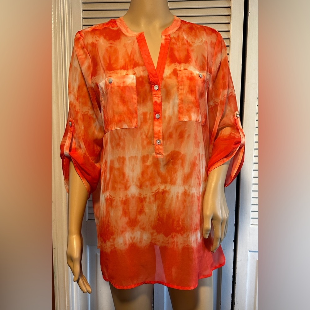 Como Black Boho Orange Tie Dye Semi-Sheer V-Neck Blouse 3/4 Sleeve M